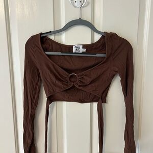 Princess Polly Brown Ribbed Long-Sleeve Crop Top with Front Ring and Ties